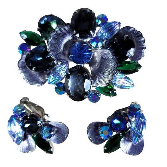 60s D&E Delizza & Elster Juliana Demi-Parure Brooch & Earrings Set Blue Green